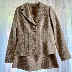 Ann Taylor Jacquard Wool Suit Jacket/Blazer + Skirt Set, Ivory/Champagne, Size 4